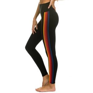 Aviator Nation Full Length Hi-Rise 5 Stripe Leggings in Black - Size S